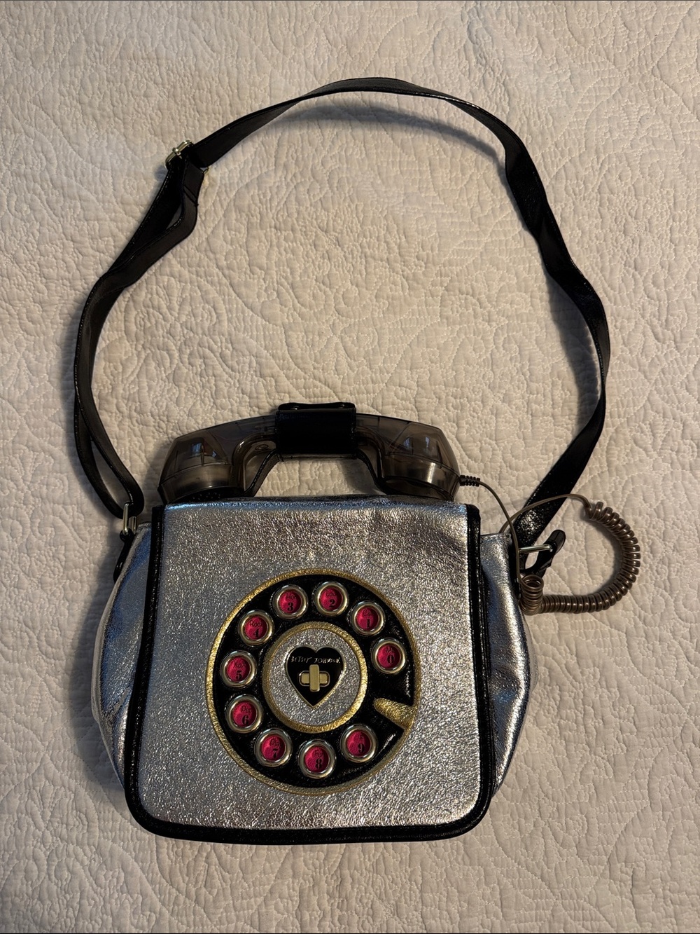 Betsy Johnson Silver Retro Phone Purse  Bag with Black Strap